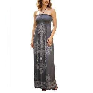 Women’s Gray Maxi Halter Neck Dress Print Smock Stretch Summer Party Size Med